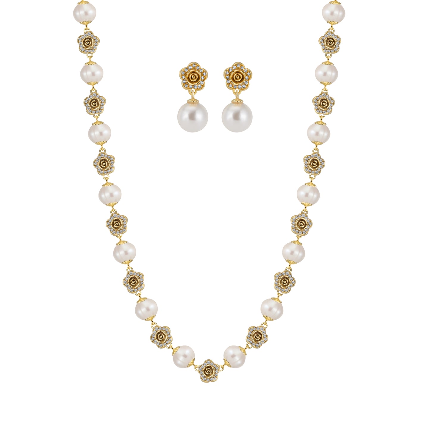 Rosette Blossom Pearl Necklace with Lustre Pearl Earrings